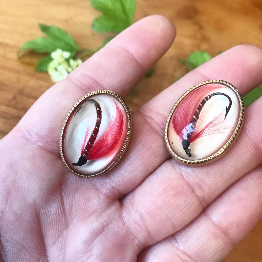 1950’s Anson Fly Fishing Tie Bar Cuff Links Set Gem